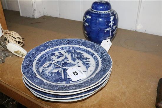 Two Chinese octagonal blue and white plates, 2 similar circular plates and a ginger jar and cover (5)(-)